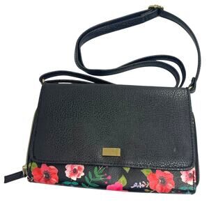 Floral Crossbody Wallet Purse Black Faux Leather Small Organizer Zip Pockets